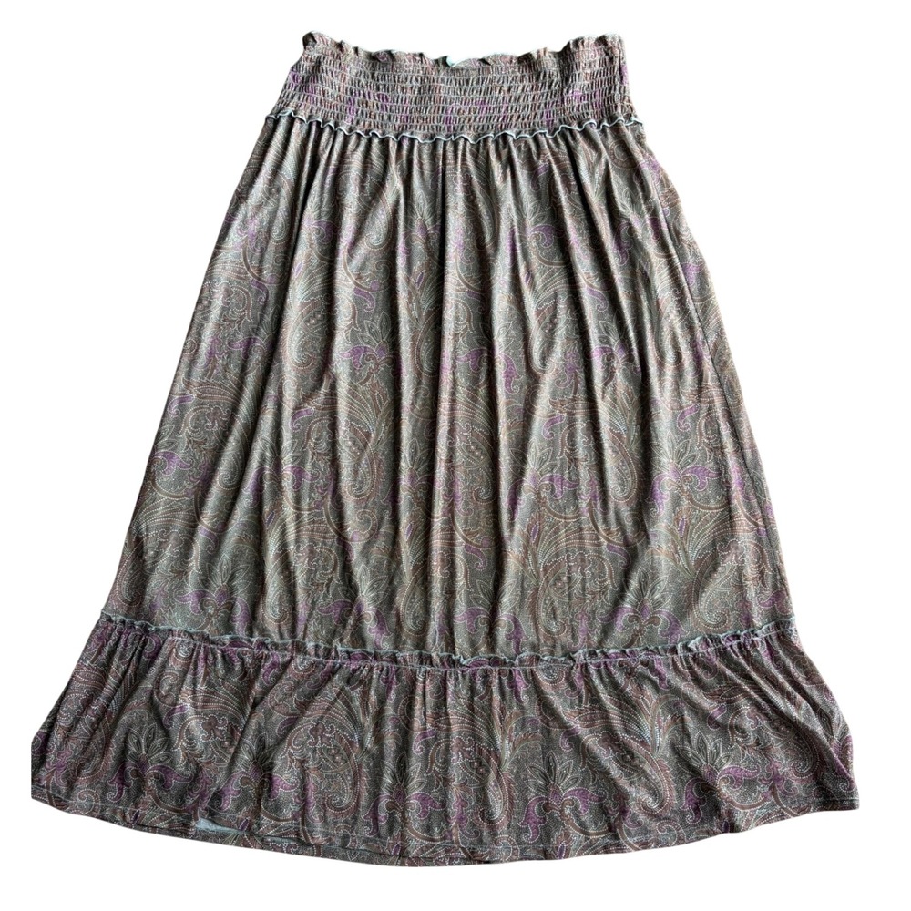 DR2 by Daniel Rainn Womens 1X Paisley Smocked Waist Ruffle Hem Maxi Skirt Olive